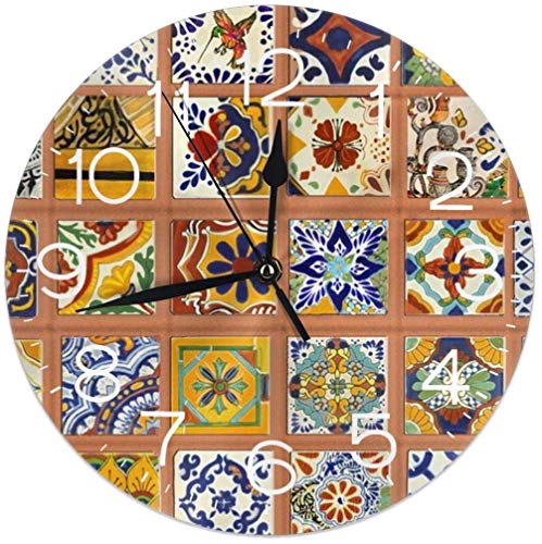 Talavera - Reloj de pared con azulejos mexicanos decorativos, silencioso, sin tictac, redondo, fácil de leer, decorativo para el hogar/oficina/reloj escolar