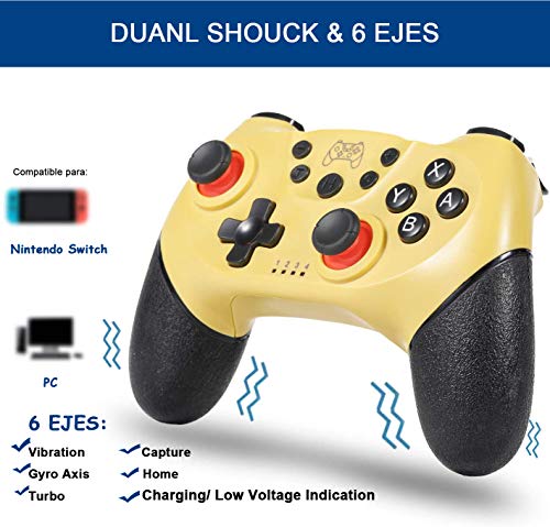 Tanouve Mando para Nintendo-Switch, Controlador Inalámbrico para Nintendo-Switch Pro/PC Gamepad Bluetooth Inalámbrico con Doble Choque Vibración Controlador (Amarillo)