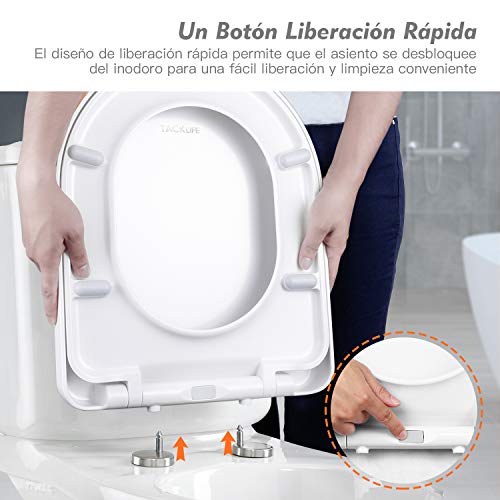 Tapa WC Antideslizante, TACKLIFE TBTS03B Asiento Inodoro de Urea-formaldehído en Forma de D con Liberación Rápida, Tapa de Inodoro con Cierra Suave y Silencioso Fácil de Instalación y Limpieza
