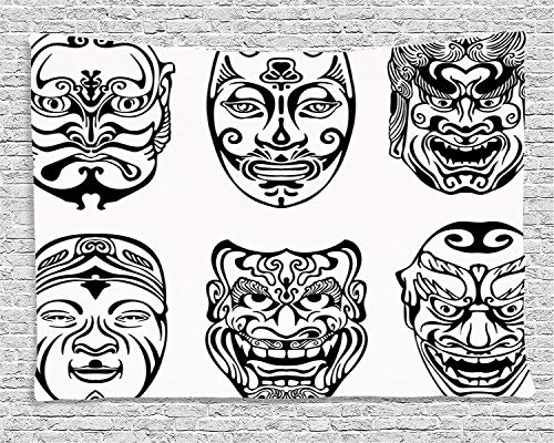 Tapestry,Hippie Tapiz,tapiz de pared con decoración para el hogar,Kabuki Máscara Decoración, Japonés Nogaku Máscara Teatral Emoción Expres,para picnic Mantel o Toalla de Playa redonda 180 x 230 cm
