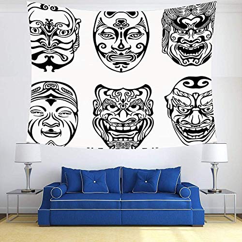 Tapestry,Hippie Tapiz,tapiz de pared con decoración para el hogar,Kabuki Máscara Decoración, Japonés Nogaku Máscara Teatral Emoción Expres,para picnic Mantel o Toalla de Playa redonda 180 x 230 cm