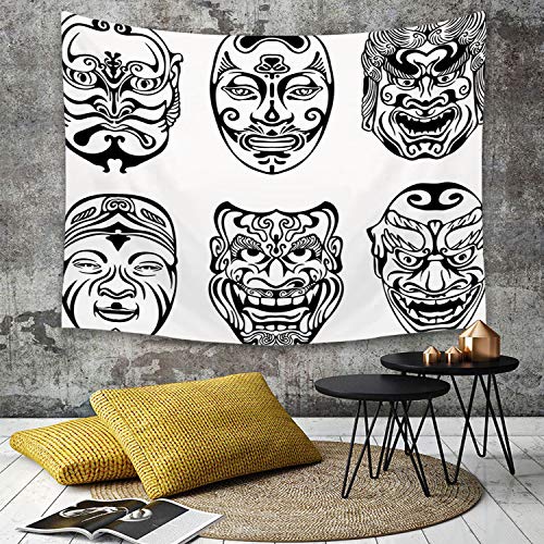 Tapestry,Hippie Tapiz,tapiz de pared con decoración para el hogar,Kabuki Máscara Decoración, Japonés Nogaku Máscara Teatral Emoción Expres,para picnic Mantel o Toalla de Playa redonda 180 x 230 cm