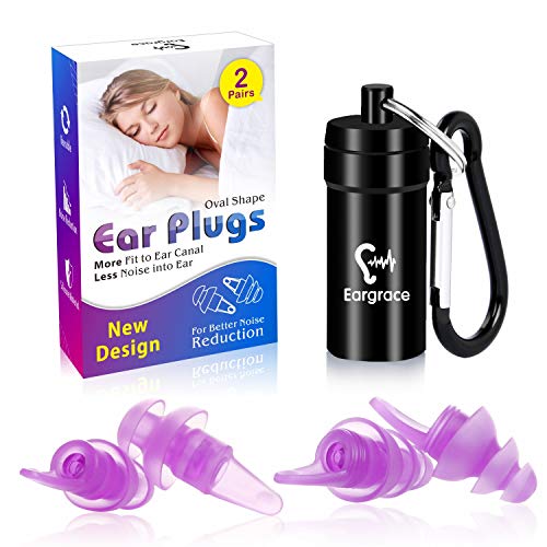 Tapones para los oídos para dormir, Eargrace 2 pares Forma oval Tapones para los oídos con reducción de ruido Tapones para los oídos de silicona suave ultraconfortables para dormir, trabajar (Púrpura)