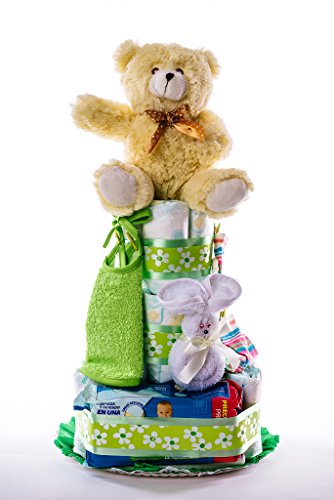 Tarta de pañales para bebé recién nacido. Un regalo original, incluyendo 30 pañales de la marca DODOT más peluche más calcetín más toallas DODOT más toalla facial, ofrecido por Flores AVRIL