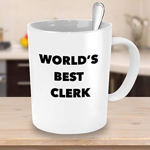 Taza de café Worlds Best Clerk, regalo de agradecimiento, regalo de cumpleaños, Navidad, idea de regalo para la entrada de datos, unidad de leyes, empleado de cuentas de nómina