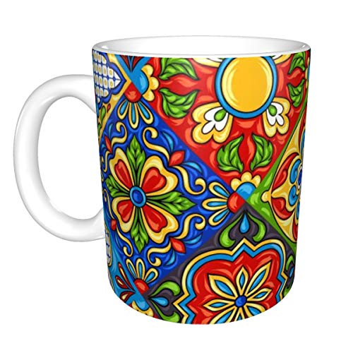 Tazas de café novedosas con patrón de cerámica de Talavera mexicana. Adorno folclórico étnico. Taza de cerámica italiana de cerámica para té y café de 11 oz