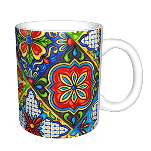Tazas de café novedosas con patrón de cerámica de Talavera mexicana. Adorno folclórico étnico. Taza de cerámica italiana de cerámica para té y café de 11 oz