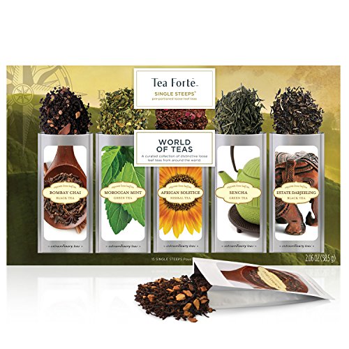 Té Hojas Sueltas World of Teas de UN SOLO USO de Tea Forte, Caja de Té Variado, 15 Bolsas de Un Solo Uso - Té Verde, Té de Hierbas, Té Negro, Té Chai