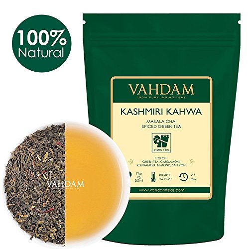 Té Kashmiri Kahwa - Té Chai Saffron Original Indio(50 Tazas), Té Verde Premium mezclado con Kashmiri Saffron, Almendras, Cardamoma y Canela - Té Kashmiri Supremo, Sano y Deliciosa, 100g