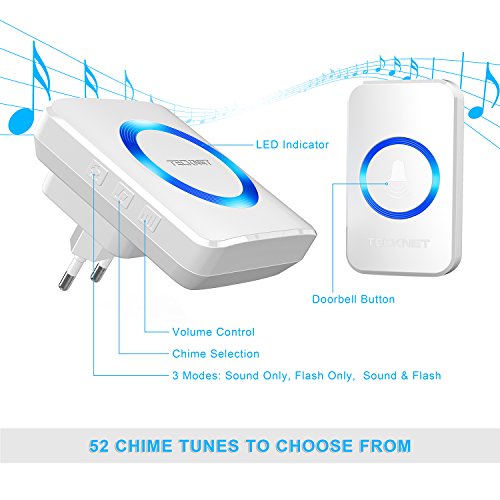 TECKNET Timbre Inalámbrico Timbre para Puerta, 300 Metros Kit de Timbre Inalámbrico con 1 Receptor Enchufe, 52 Melodías Ajutables, 4 Niveles de Volumen, Resistente al Agua