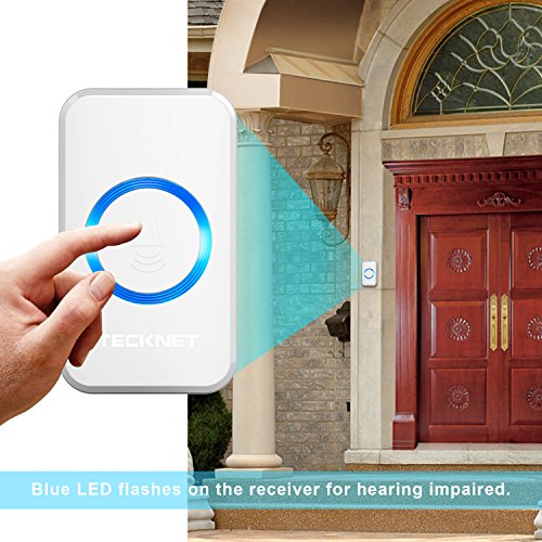 TECKNET Timbre Inalámbrico Timbre para Puerta, 300 Metros Kit de Timbre Inalámbrico con 1 Receptor Enchufe, 52 Melodías Ajutables, 4 Niveles de Volumen, Resistente al Agua