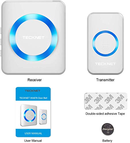 TECKNET Timbre Inalámbrico Timbre para Puerta, 300 Metros Kit de Timbre Inalámbrico con 1 Receptor Enchufe, 52 Melodías Ajutables, 4 Niveles de Volumen, Resistente al Agua