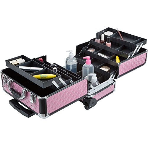 TecTake Maleta para cosméticos Maletín para maquillaje joyería Trolley con Varias Divisiones con ruedas - disponible en diferentes colores - (Rosa)