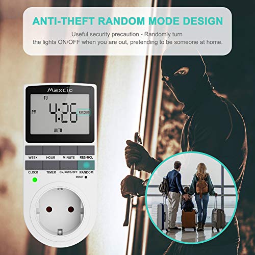 Temporizador Enchufe Digital Programable, Maxcio Programador Enchufe Semanal 12/24 Horario de Verano Modo Aleatorio Ahorrar Energía (2 Packs)