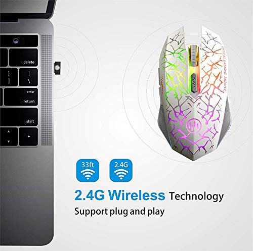 TENMOS K6 Raton Inalambrico Gaming, LED Recargable Óptico Inalámbrico Ratón Ergonómicos Inalámbricos Portatil con Receptor USB, 3 dpi Ajustables Y 6 Botones, para Mac/Laptop/PC/Notebook (Blanco)