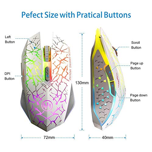 TENMOS K6 Raton Inalambrico Gaming, LED Recargable Óptico Inalámbrico Ratón Ergonómicos Inalámbricos Portatil con Receptor USB, 3 dpi Ajustables Y 6 Botones, para Mac/Laptop/PC/Notebook (Blanco)