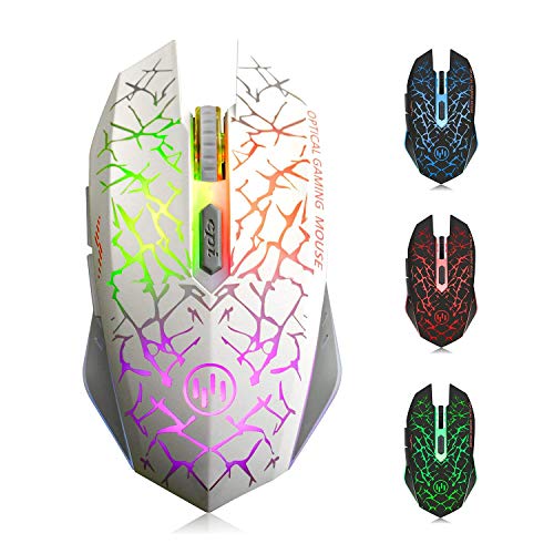 TENMOS K6 Raton Inalambrico Gaming, LED Recargable Óptico Inalámbrico Ratón Ergonómicos Inalámbricos Portatil con Receptor USB, 3 dpi Ajustables Y 6 Botones, para Mac/Laptop/PC/Notebook (Blanco)