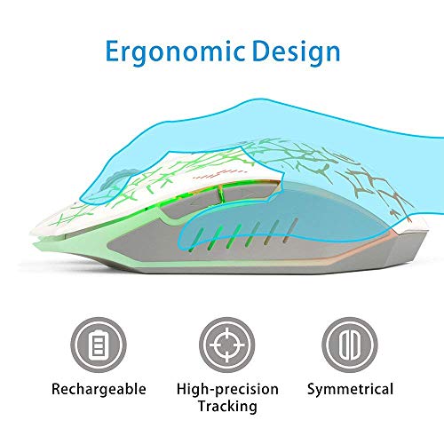 TENMOS K6 Raton Inalambrico Gaming, LED Recargable Óptico Inalámbrico Ratón Ergonómicos Inalámbricos Portatil con Receptor USB, 3 dpi Ajustables Y 6 Botones, para Mac/Laptop/PC/Notebook (Blanco)