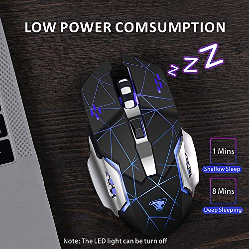 TENMOS T85 Raton Inalambrico Gaming,2.4G USB LED Recargable Inalámbrico silencioso óptico, Sleep Automático, Mango Ergonómico, 3 dpi Ajustable, 6 Botones para Mac/PC/Portatil/Ordenador (Negro Mate)