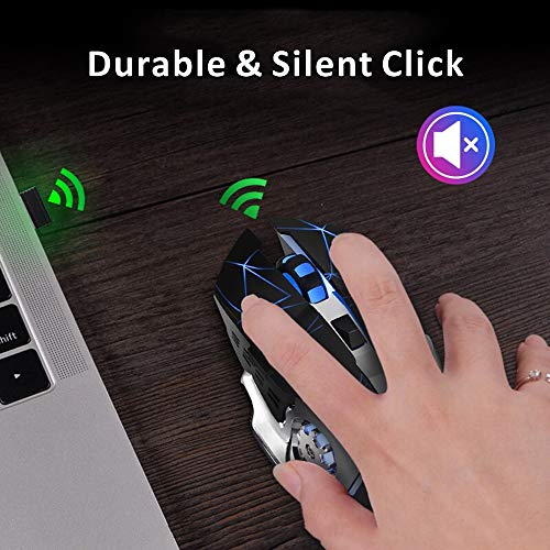 TENMOS T85 Raton Inalambrico Gaming,2.4G USB LED Recargable Inalámbrico silencioso óptico, Sleep Automático, Mango Ergonómico, 3 dpi Ajustable, 6 Botones para Mac/PC/Portatil/Ordenador (Negro Mate)