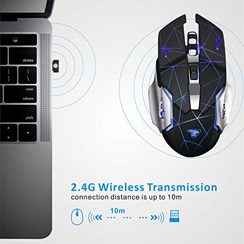 TENMOS T85 Raton Inalambrico Gaming,2.4G USB LED Recargable Inalámbrico silencioso óptico, Sleep Automático, Mango Ergonómico, 3 dpi Ajustable, 6 Botones para Mac/PC/Portatil/Ordenador (Negro Mate)