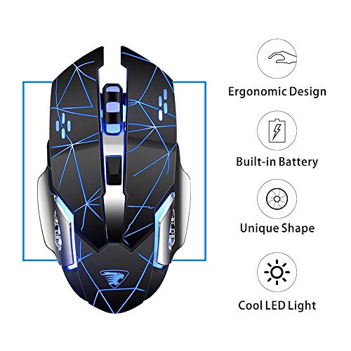TENMOS T85 Raton Inalambrico Gaming,2.4G USB LED Recargable Inalámbrico silencioso óptico, Sleep Automático, Mango Ergonómico, 3 dpi Ajustable, 6 Botones para Mac/PC/Portatil/Ordenador (Negro Mate)