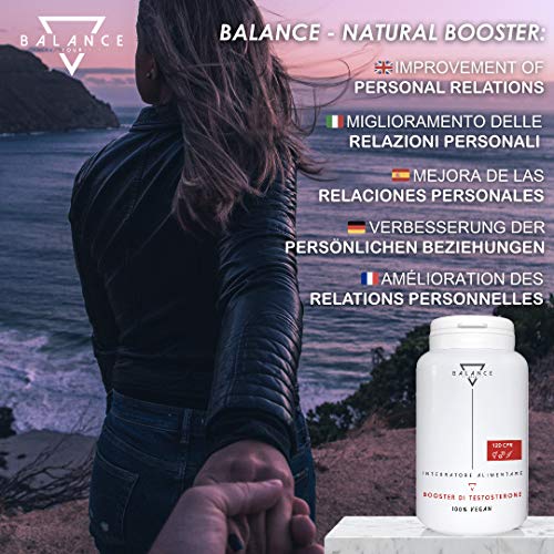 TESTOSTERONA HOMBRE- BALANCE | AUMENTADOR DE TESTOSTERONA | 13 ingredientes activos como FENOGRECO, MACA, TRIBULUS TERRESTRIS, ZINC, VITAMINA D3 | 100% VEGANO | 120 tabletas