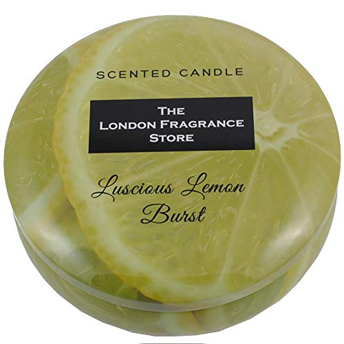 THE LONDON FRAGRANCE STORE - Vela Perfumada 3 Mechas - Aceites Aromáticos Explosión de Limón Seductora - Nuestra Cera Dura Más - Mechas Algodón - 107 mm Diámetro Amarillo