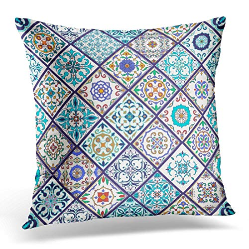 Throw Pillow Case Square Home Decor Pillowcase Beautiful Mega Patchwork and with Portuguese Tiles Azulejo Talavera Moroccan Ornaments in Rhombus Decorative Pillow Cover 18 x 18 Inches/45x45cm