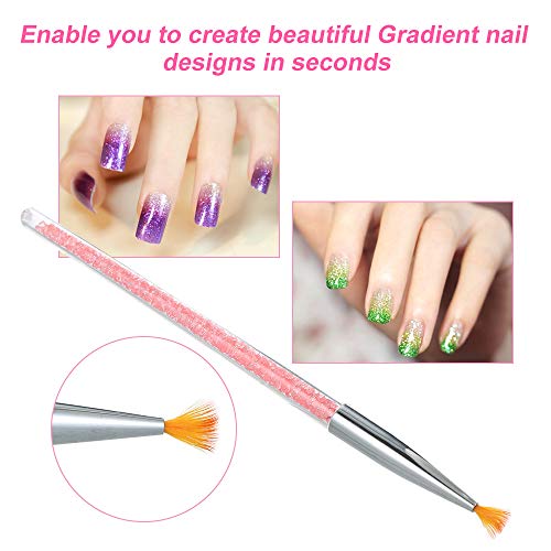 Tickas Cepillo de Uñas Degradado - Cepillo de Uñas con forma de Abanico Degradado, Mango de Diamantes de Imitación Rosa, Polvo de Brillo Uv, Bolígrafo para Uñas, Pincel de Dibujo Artístico para Uñas,