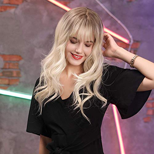 TIESALUONI Femenino Largo Rizado Pelucas para Mujeres Brown Root con Omber sintético Pelucas de Pelo Rubio con Flequillo