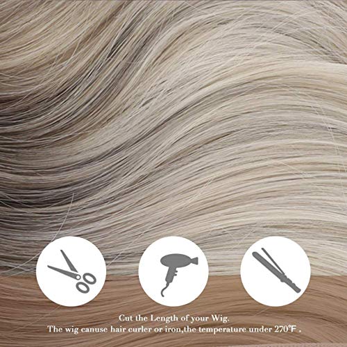 TIESALUONI Femenino Largo Rizado Pelucas para Mujeres Brown Root con Omber sintético Pelucas de Pelo Rubio con Flequillo