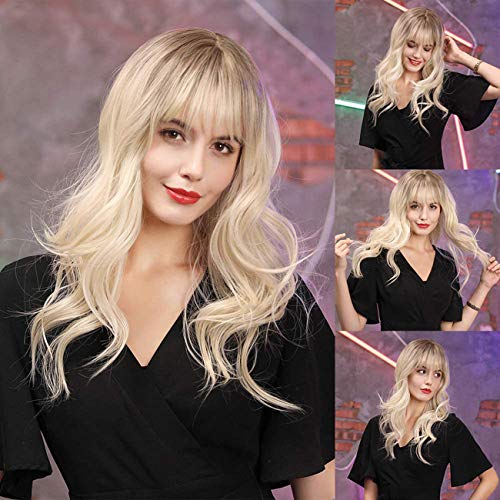 TIESALUONI Femenino Largo Rizado Pelucas para Mujeres Brown Root con Omber sintético Pelucas de Pelo Rubio con Flequillo