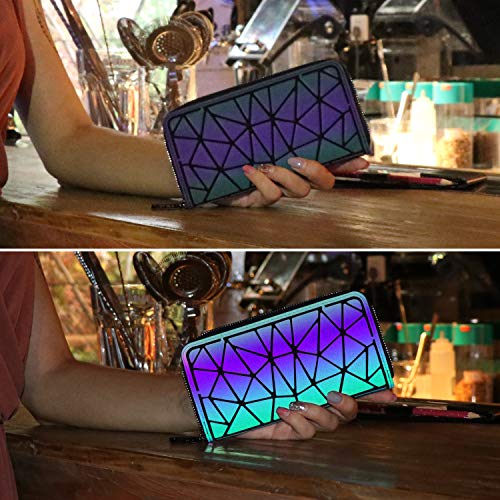 Tikea Cartera Geométrica Luminosa Holográfica para Mujer, Billetera con Cremallera en Cuero Sintético, Bolsillo de Mano Efecto Reflectante