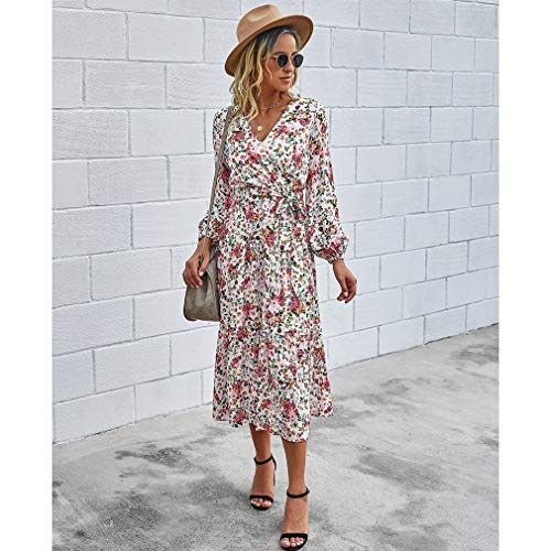 Timagebreze Vestido de Verano con Estampado Bohemio para Mujer, Cuello en V, Encaje, Vestido Largo de Playa, una Línea Suelta, Vestidos Sexis para Mujer, Xl Blanco