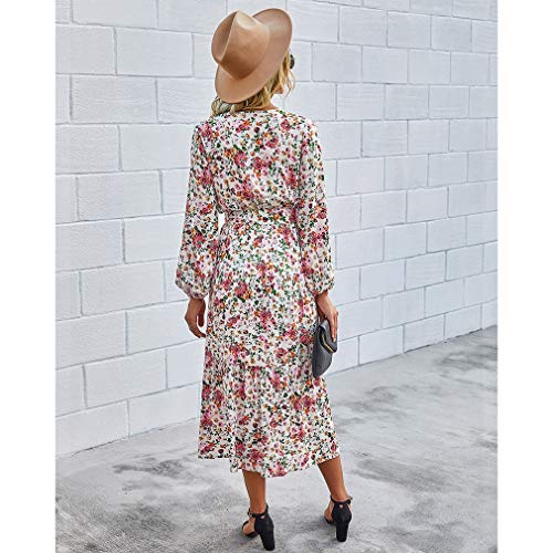 Timagebreze Vestido de Verano con Estampado Bohemio para Mujer, Cuello en V, Encaje, Vestido Largo de Playa, una Línea Suelta, Vestidos Sexis para Mujer, Xl Blanco