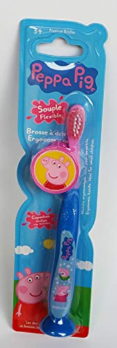 Tinokou. PEPPA PIG. 2 Cepillo de dientes ergonómico. Con capucha protectora y ventosa en la base. Diversión para el cepillado