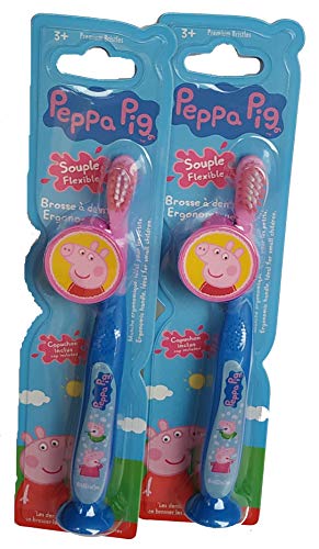Tinokou. PEPPA PIG. 2 Cepillo de dientes ergonómico. Con capucha protectora y ventosa en la base. Diversión para el cepillado
