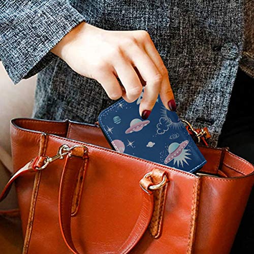 Titular de la Tarjeta de crédito para Hombres Dibujos Animados Cute Alien Planet Spacecraft Estuche para Tarjetas Cartera de Cuero Cuero de la PU Cremallera Alrededor Titulares de Tarjetas de tamaño