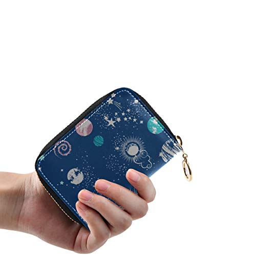 Titular de la Tarjeta de crédito para Hombres Dibujos Animados Cute Alien Planet Spacecraft Estuche para Tarjetas Cartera de Cuero Cuero de la PU Cremallera Alrededor Titulares de Tarjetas de tamaño