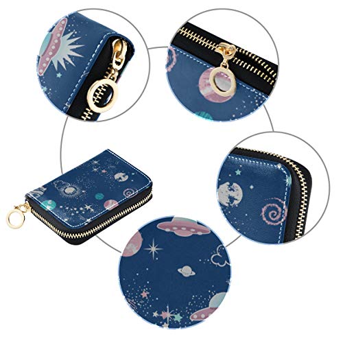 Titular de la Tarjeta de crédito para Hombres Dibujos Animados Cute Alien Planet Spacecraft Estuche para Tarjetas Cartera de Cuero Cuero de la PU Cremallera Alrededor Titulares de Tarjetas de tamaño