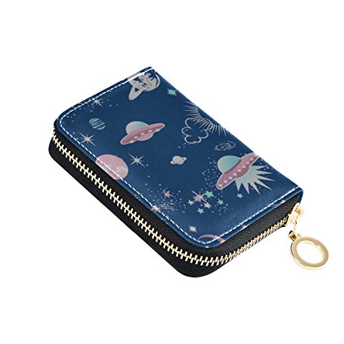 Titular de la Tarjeta de crédito para Hombres Dibujos Animados Cute Alien Planet Spacecraft Estuche para Tarjetas Cartera de Cuero Cuero de la PU Cremallera Alrededor Titulares de Tarjetas de tamaño