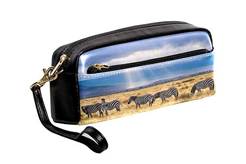 TIZORAX cebras en la pradera estuche de cuero de la PU para estudiantes de la pluma estacionaria bolsa de maquillaje cosmético bolsa