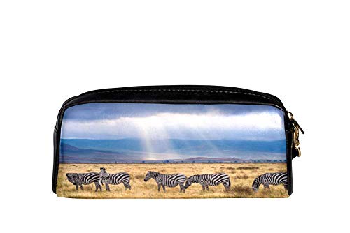 TIZORAX cebras en la pradera estuche de cuero de la PU para estudiantes de la pluma estacionaria bolsa de maquillaje cosmético bolsa