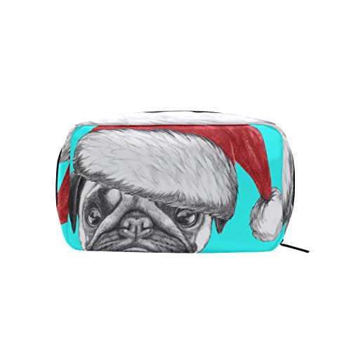 TIZORAX Retrato de Perro Pug con Sombrero de Santa Bolsa de Cosmética Bolsa de Maquillaje Organizador Bolsa de Viaje