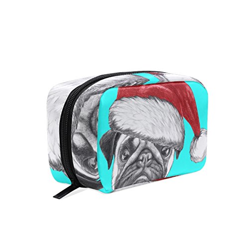 TIZORAX Retrato de Perro Pug con Sombrero de Santa Bolsa de Cosmética Bolsa de Maquillaje Organizador Bolsa de Viaje