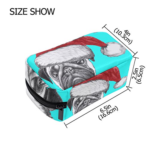 TIZORAX Retrato de Perro Pug con Sombrero de Santa Bolsa de Cosmética Bolsa de Maquillaje Organizador Bolsa de Viaje