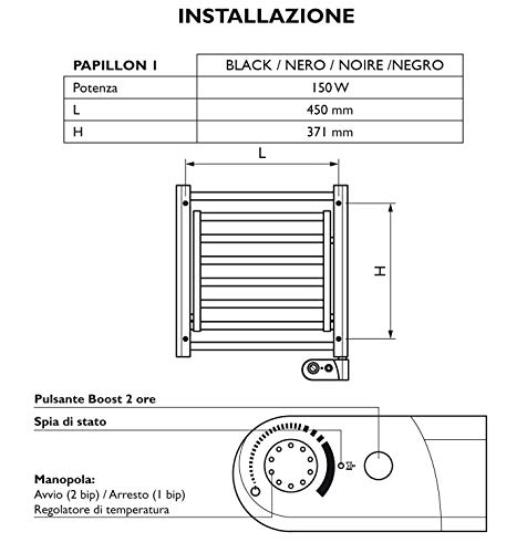 Toallero eléctrico baño Radiador Secatoallas Pared Papillon 1, 150 W, bajo Consumo, termostato electrónico, con función tendedero 54 x 50 cm. Acero, Negro