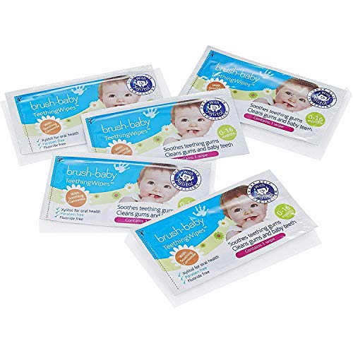 Toallitas de dentición Brush-Baby para bebés | Nacimiento - Primeros dientes | 0 - 16 meses | Toallitas para limpiar la boca, encías y lengua del bebé, con camomila | Pack de 20 toallitas individuales