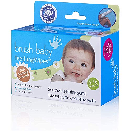Toallitas de dentición Brush-Baby para bebés | Nacimiento - Primeros dientes | 0 - 16 meses | Toallitas para limpiar la boca, encías y lengua del bebé, con camomila | Pack de 20 toallitas individuales